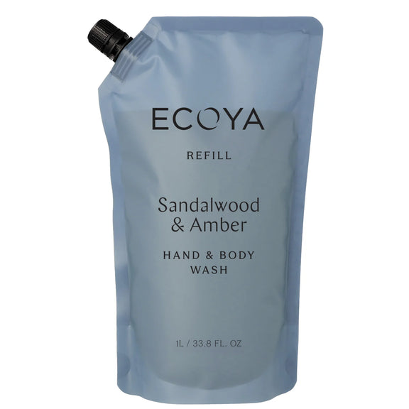 Ecoya Sandalwood and Amber hand and body wash refill pouch containing 1 litre of body wash.