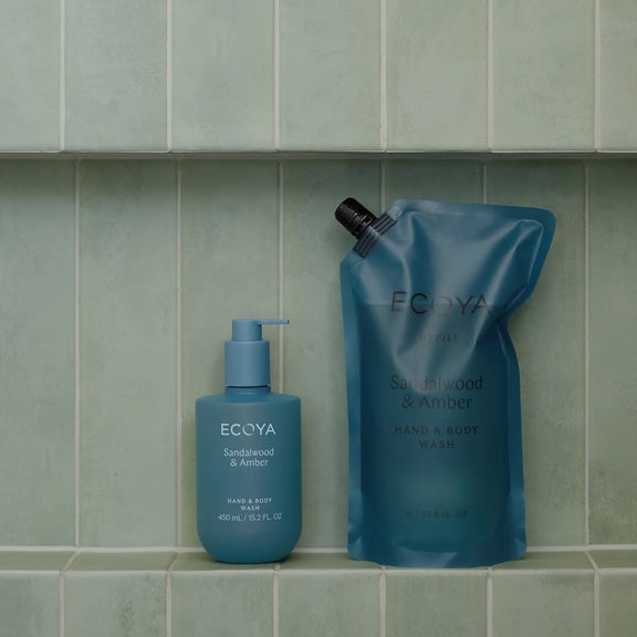 Premium Sandalwood and Amber body wash refill pouch designed for everyday hand and body cleansing.