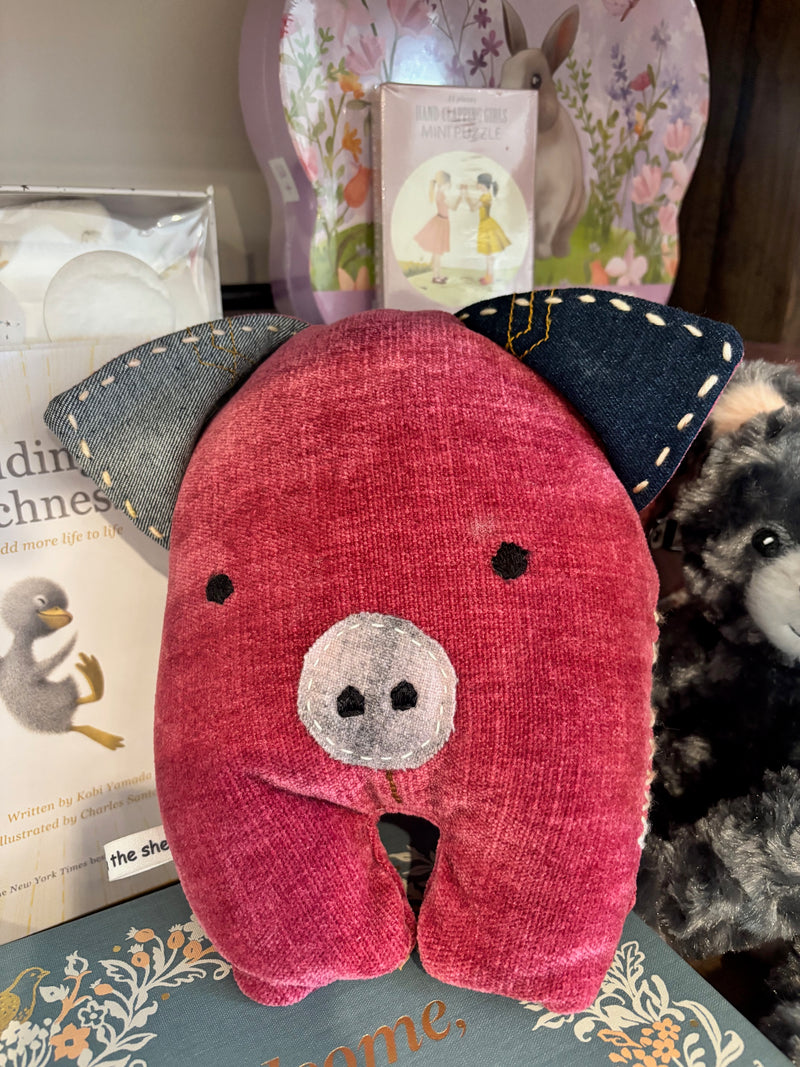 Handmade Rosie the Pig plush made from recycled fabric