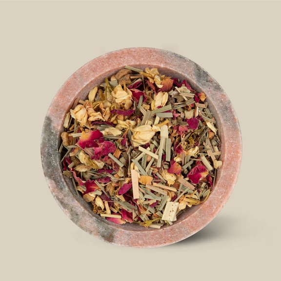 Organic loose leaf herbal tea with jasmine, rose petals, lemongrass and ginger.