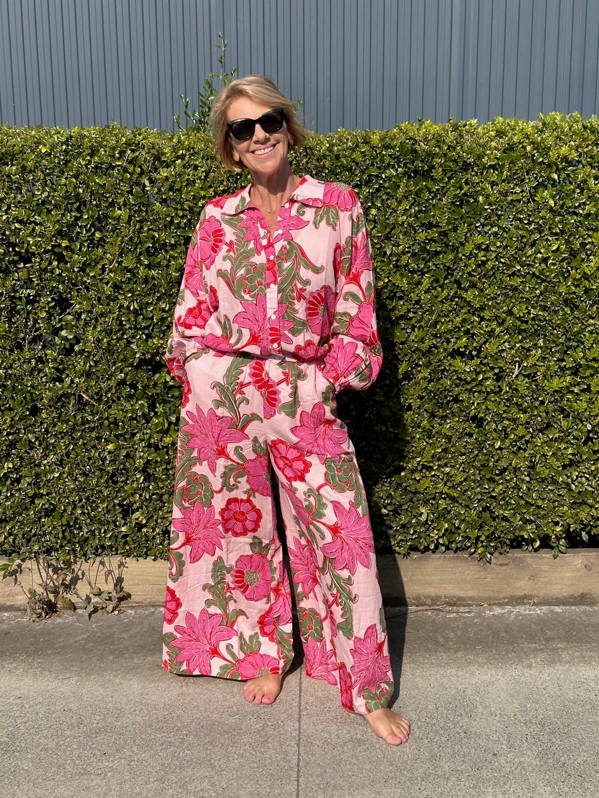 Hazel Shirt with pink ibiza floral pattern and matching pants