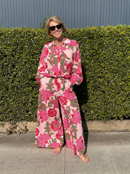 Hazel Shirt with pink ibiza floral pattern and matching pants