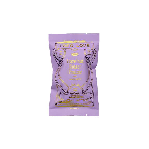 Loco Love Hazelnut Butter Praline single chocolate with a whole hazelnut centre.