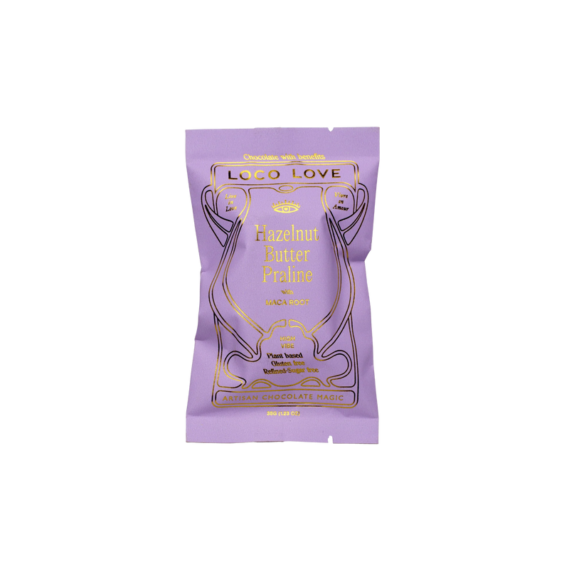 Loco Love Hazelnut Butter Praline single chocolate with a whole hazelnut centre.