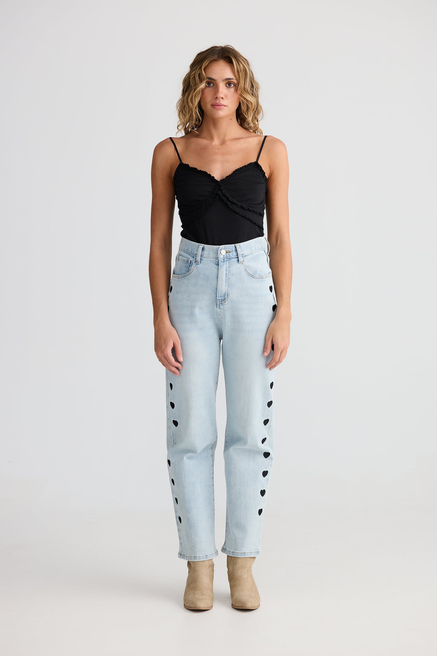 Heartscape Jean Light Wash Denim with embroidered heart details on seams