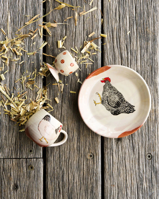 emogen clark chicken pottery set mug egg cup saucer