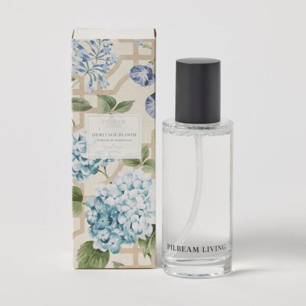 Heritage Bloom Linen Spray in Tuberose & Sandalwood fragrance.