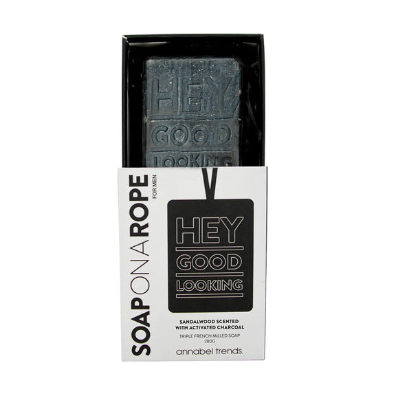 Hey Good Looking - Charcoal Soap on a Rope in gift packaging with rope handle