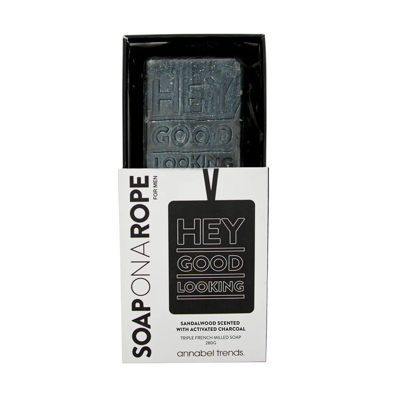 Hey Good Looking - Charcoal Soap on a Rope in gift packaging with rope handle