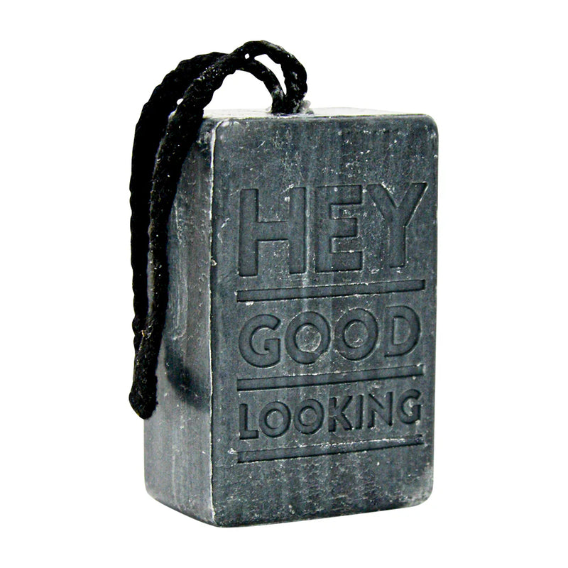 Bar of soap with 'HEY GOOD LOOKING' text on a white background