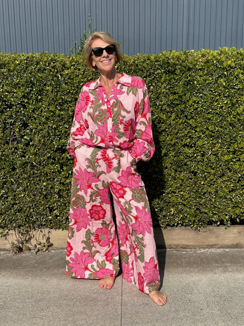 Holiday Freedom Pant – Pink Ibiza LinenWide Leg Pant with Matching Hazel Shirt