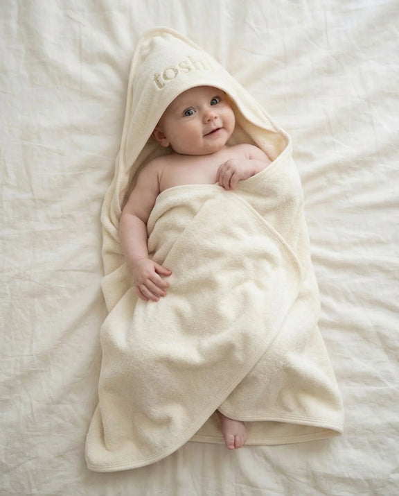 Toshi Hooded Baby Bath Towel in Cream made from 100% cotton towelling