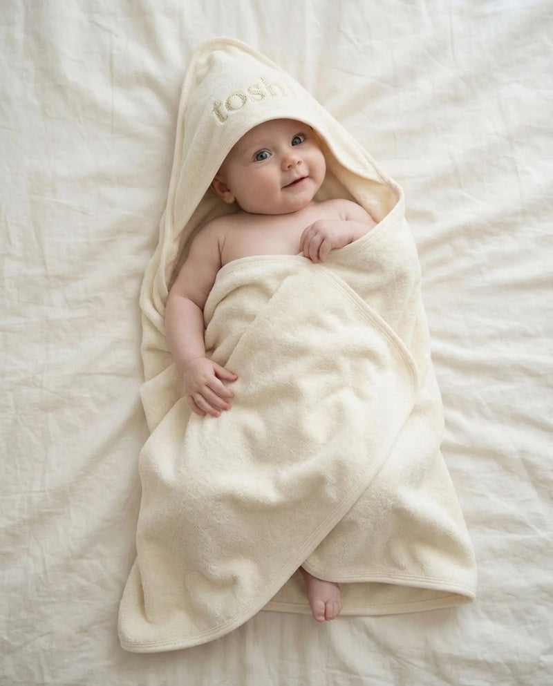 Toshi Hooded Baby Bath Towel in Cream made from 100% cotton towelling