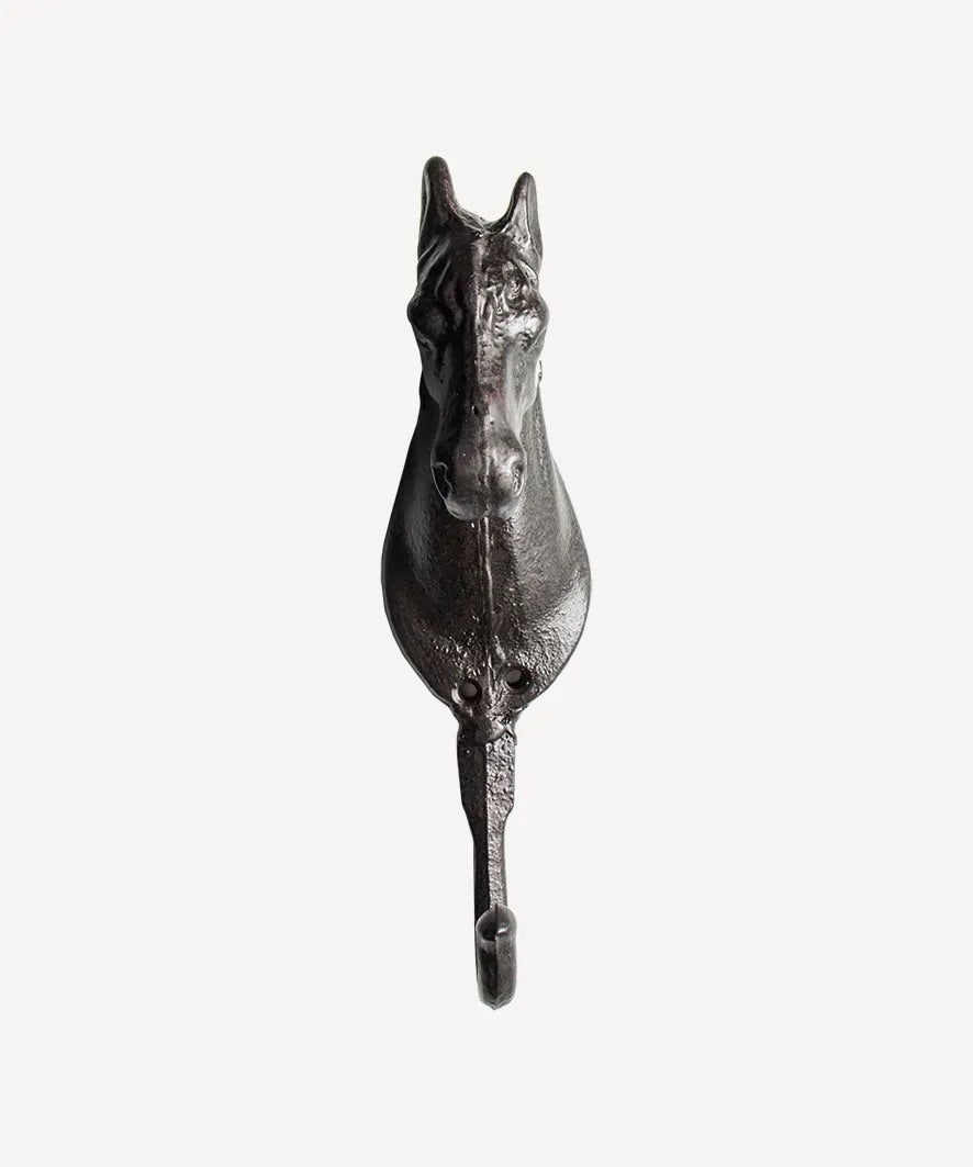 Harriet Horse Iron Hook in rustic brown wrought iron with decorative horse design.