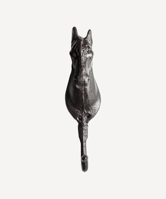 Harriet Horse Iron Hook in rustic brown wrought iron with decorative horse design.