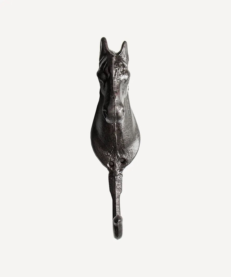 Harriet Horse Iron Hook in rustic brown wrought iron with decorative horse design.