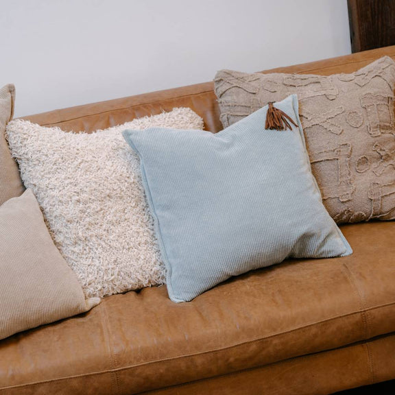 Eadie Lifestyle Hudson cushion in soft blue featuring plush corduroy fabric and artisan craftsmanship.