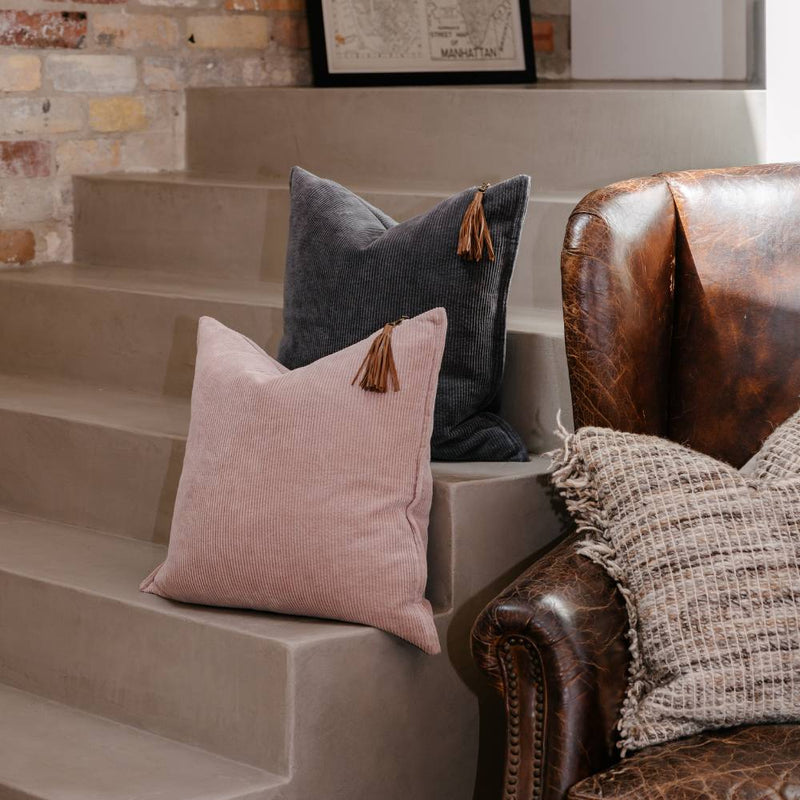 Eadie Lifestyle Hudson cushion in soft musk featuring plush corduroy fabric and artisan craftsmanship.