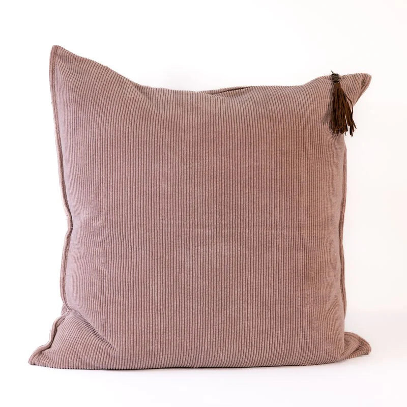 Hudson Soft Musk corduroy cushion 60x60cm with plush ribbed cotton texture and leather tassel.