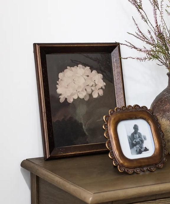 Botanical floral wall art showcasing a hydrangea study with layered textures and classic character.