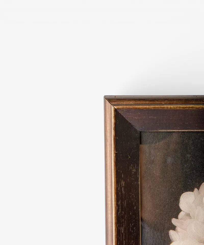 Vintage-inspired hydrangea artwork in a firwood frame with glass front for gallery wall styling.