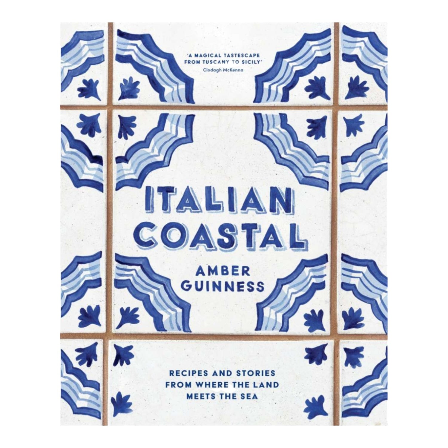 Cover of the book 'Italian Coastal' by Amber Guinness featuring a white background with blue wave patterns, and the title text in the center.