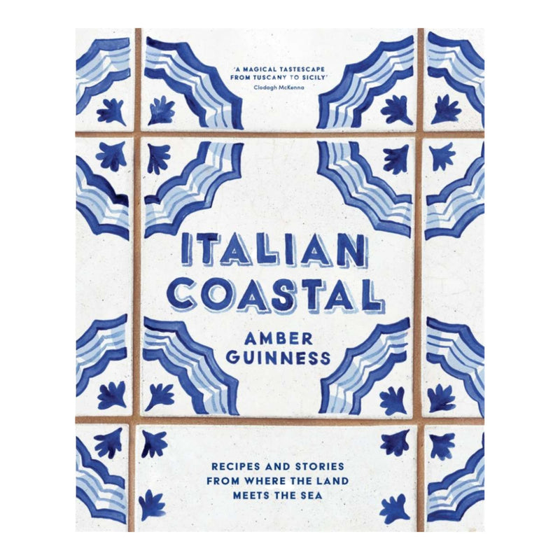 Cover of the book 'Italian Coastal' by Amber Guinness featuring a white background with blue wave patterns, and the title text in the center.