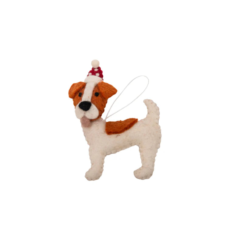 Handmade felt Jack Russell ornament wearing a Santa hat for Christmas décor.