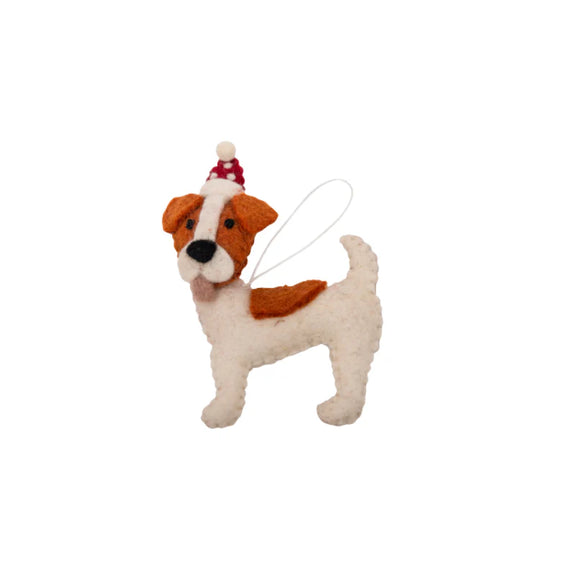 Handmade felt Jack Russell ornament wearing a Santa hat for Christmas décor.