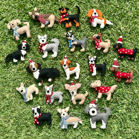 Felt Jack Russell ornament sitting beside other Aussie Christmas decorations.