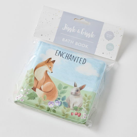 Bath book with fox and rabbit design in clear packaging on a white background