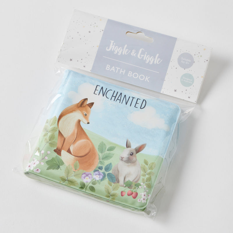 Bath book with fox and rabbit design in clear packaging on a white background