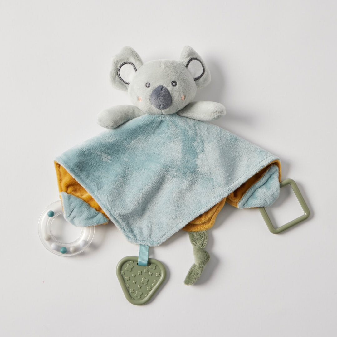 jiggle giggle koala rattle comforter baby toy blue mustard