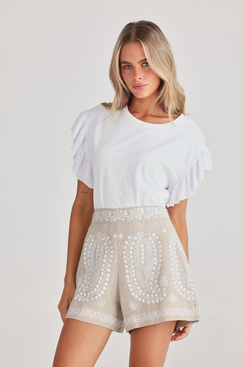 Johari Short Natural with Embroidery – women’s linen blend summer shorts