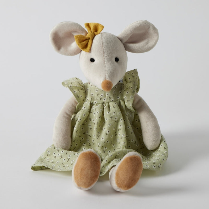 Juliet Mouse plush toy with sage green dress and yellow bow
