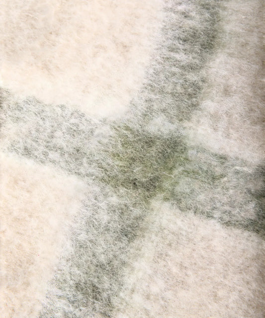 Green and neutral checked throw measuring 125x150cm with fringed edges.