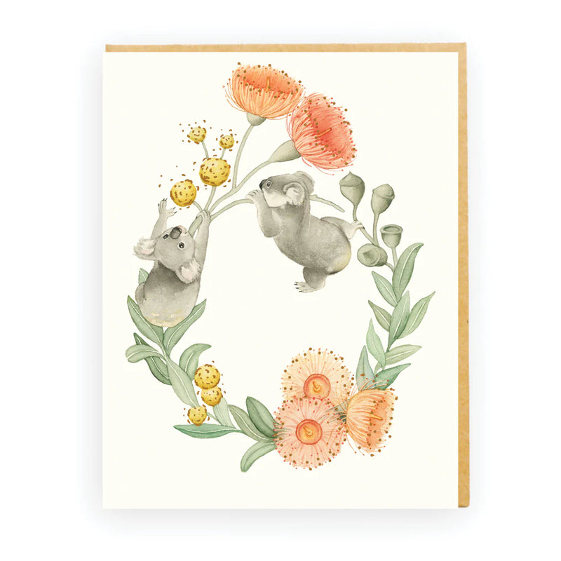 Illustration of two koalas among flowers and leaves on a white background
