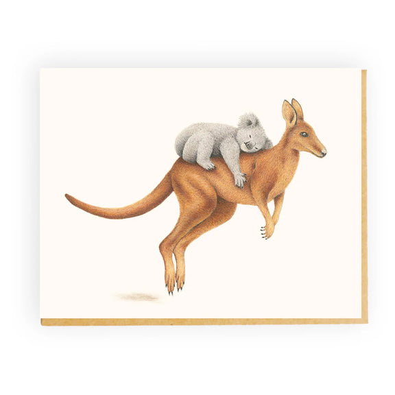 Illustration of a kangaroo carrying a koala on its back against a white background