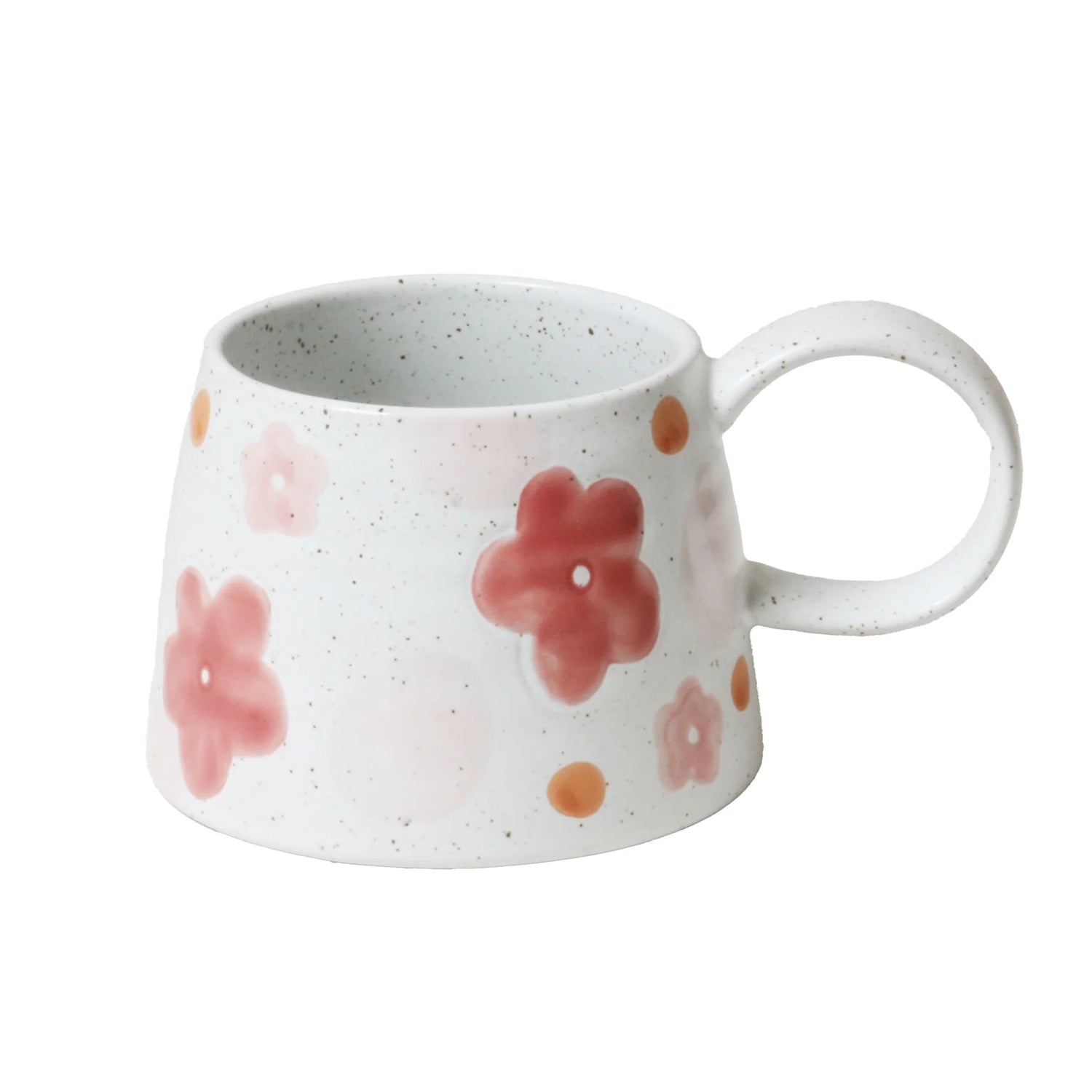 Floral stoneware tea mug featuring delicate botanical artwork and unique hand-brushed glaze finish.