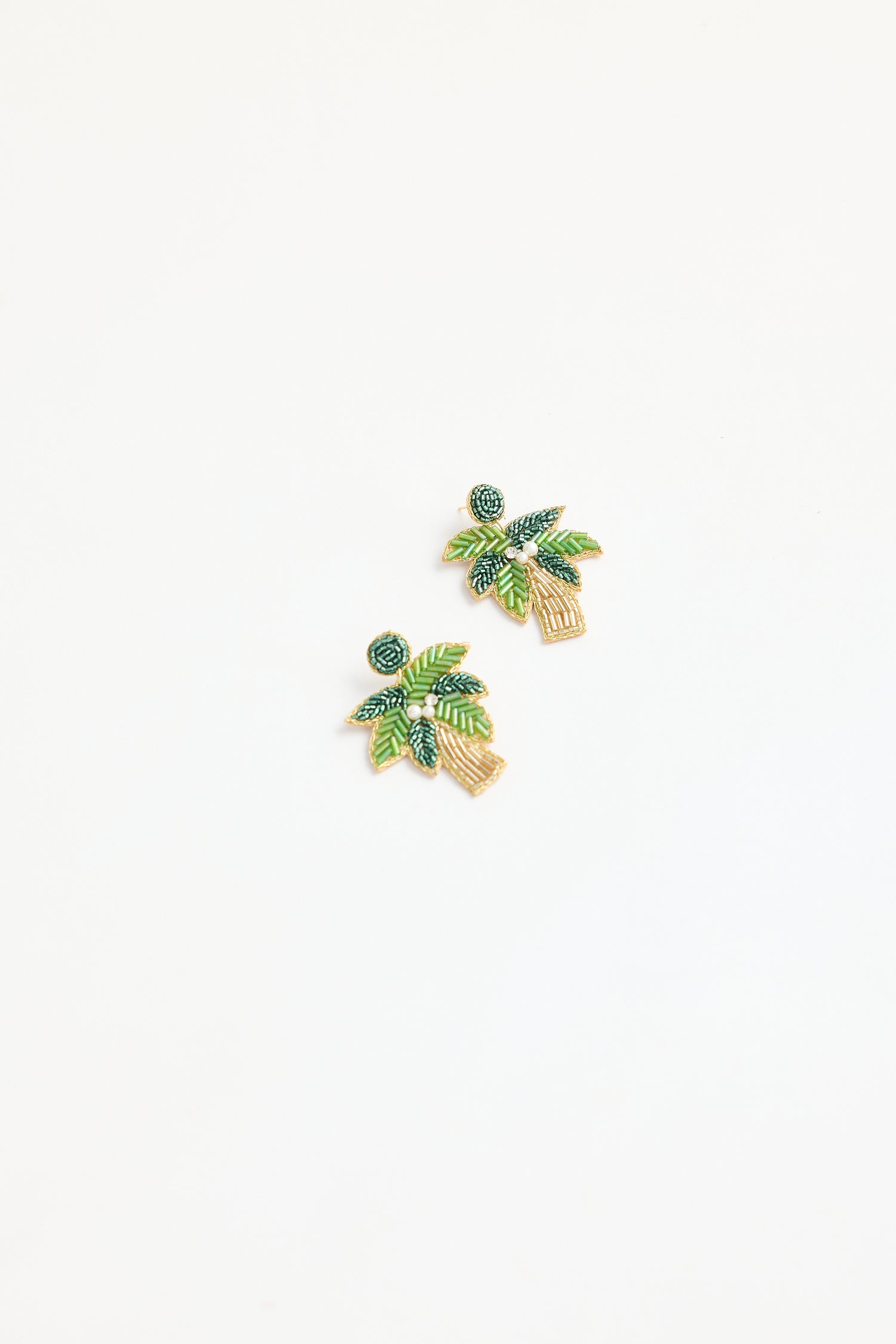 Green La Palma handmade statement earrings - beaded palm tree design