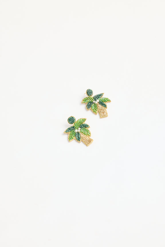 Green La Palma handmade statement earrings - beaded palm tree design