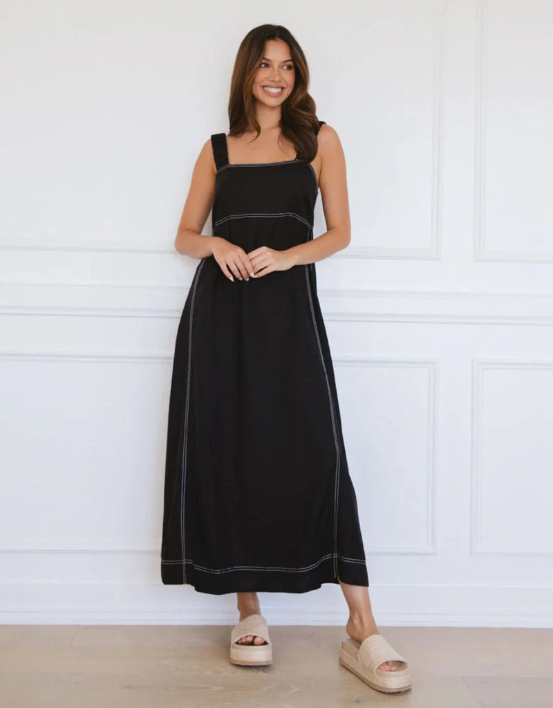 Louise stitched maxi dress black linen viscose blend