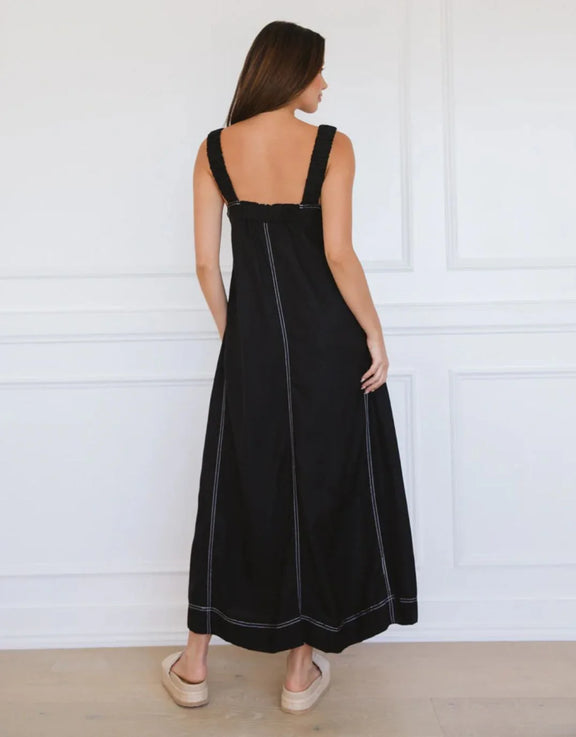Linen viscose black maxi dress with square neckline