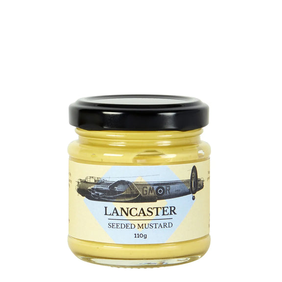 Australian-made Lancaster wholegrain seeded mustard in a 110g jar.