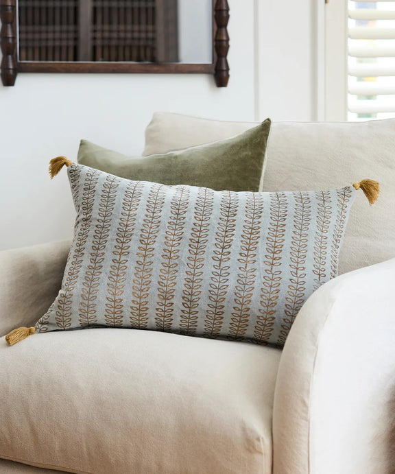 leaf handblock velvet cushion light blue