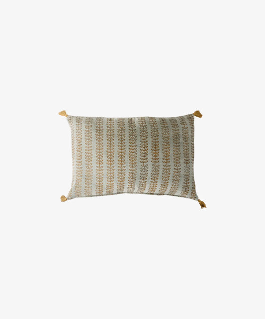 blue velvet cushion with tassels