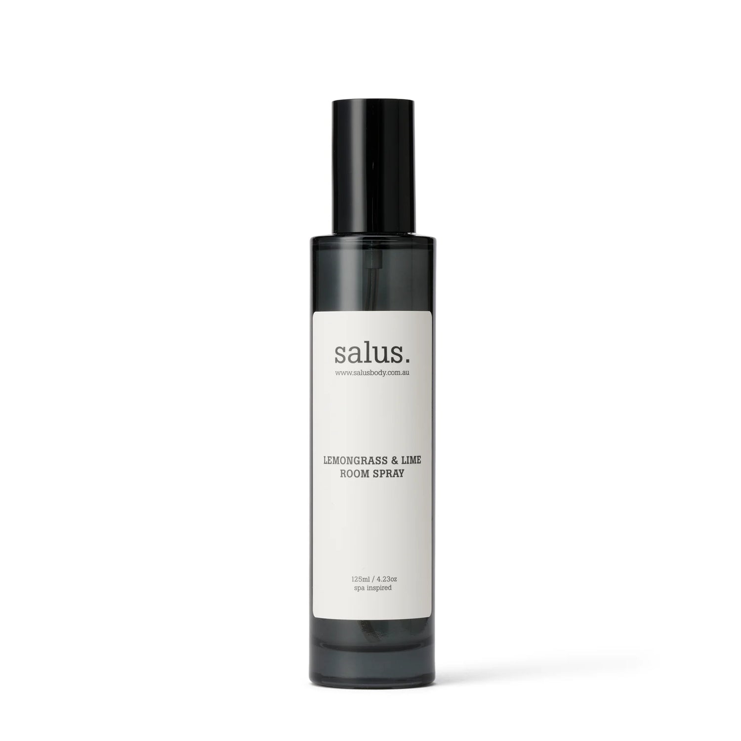 Australian made Salus room spray with lemongrass, lime and lemon myrtle.
Botanical citrus home fragrance spray in a glass bottle.