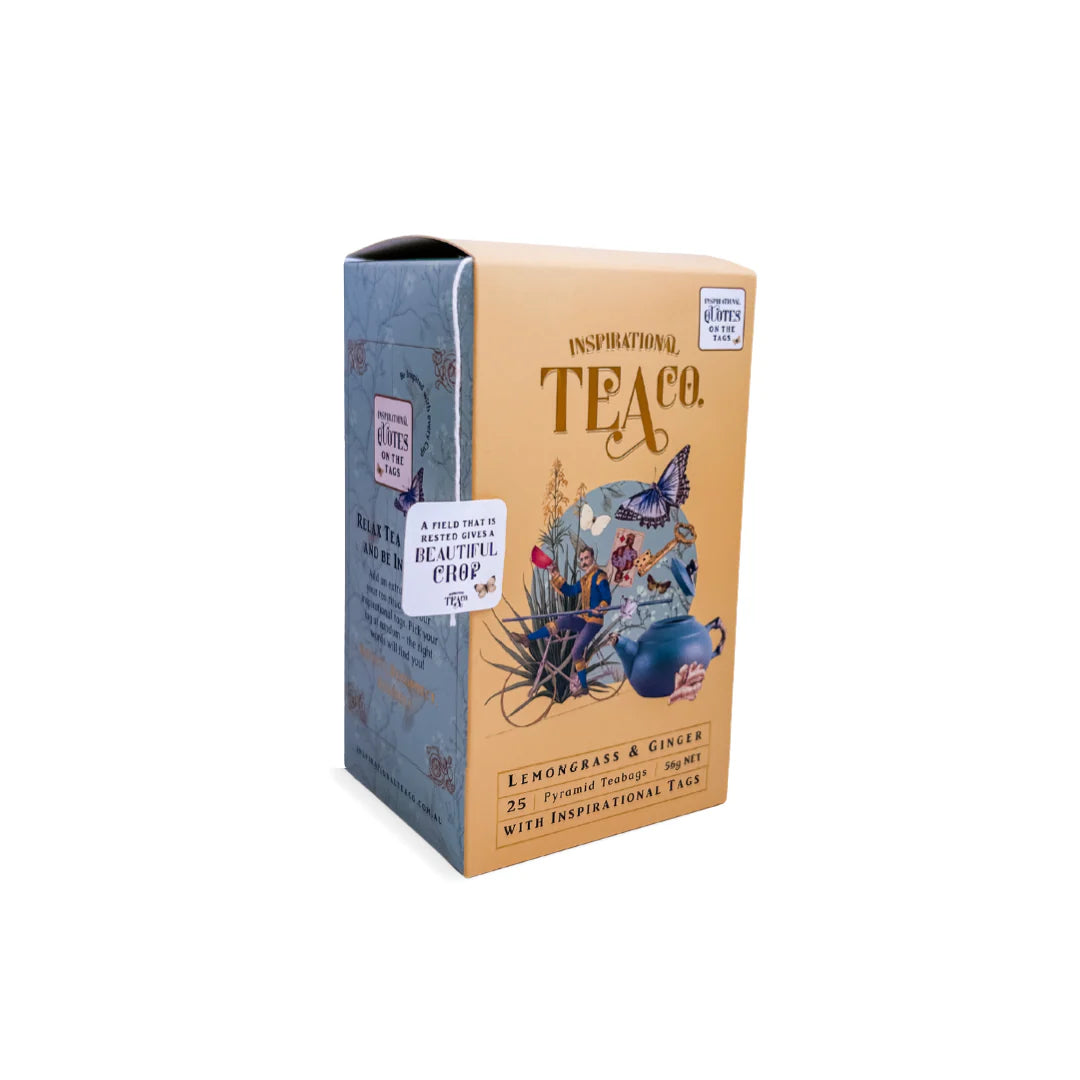 Box of lemongrass and ginger pyramid teabags with tag messages