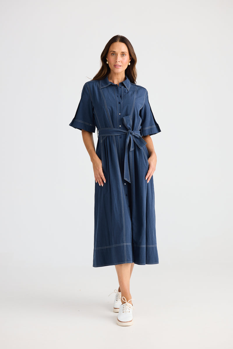 Leo Dress Navy front view with waist tie