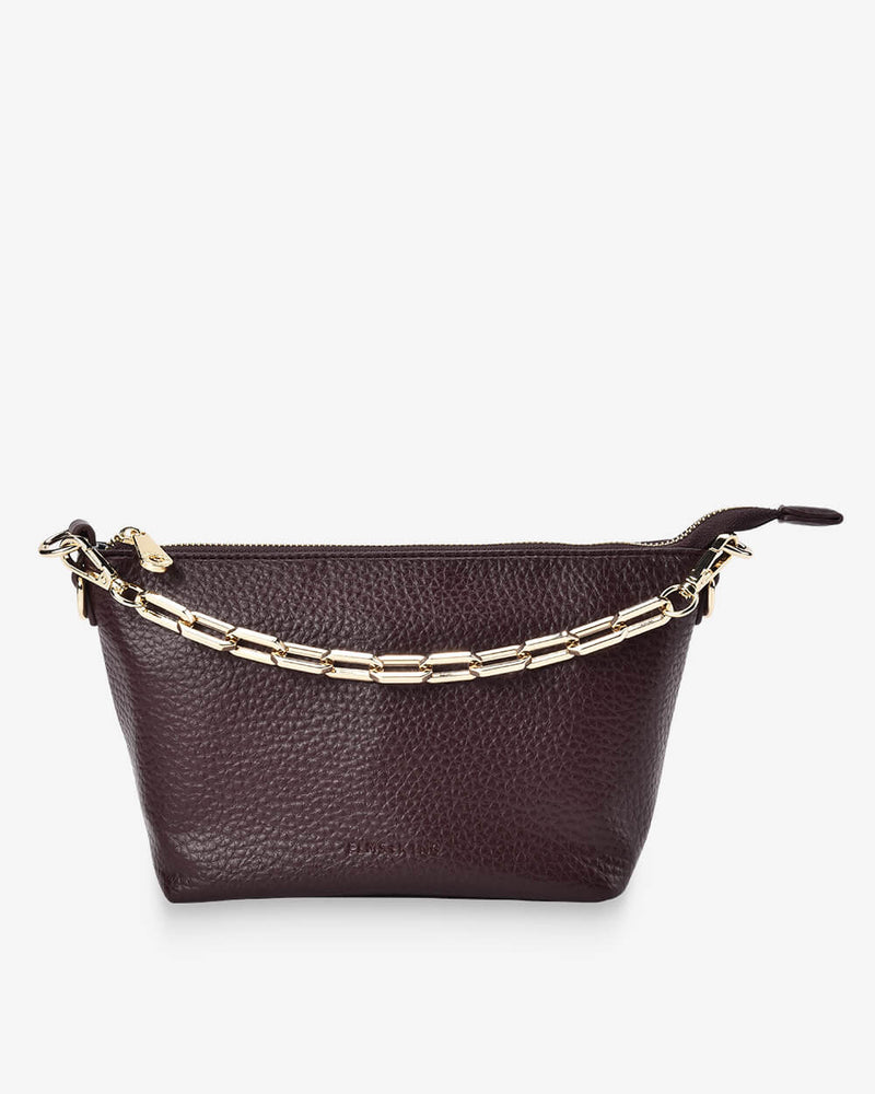 Women's structured Wine crossbody bag with decorative chain strap.